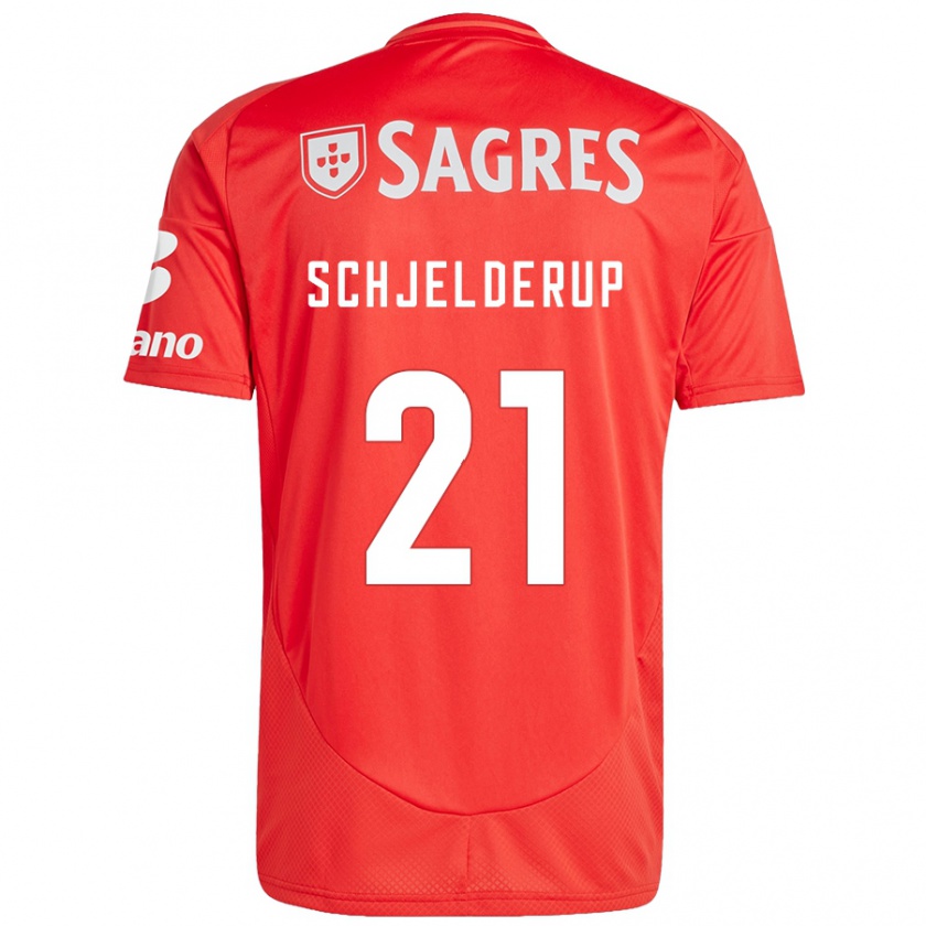 Kandiny Niño Camiseta Andreas Schjelderup #21 Rojo Blanco 1ª Equipación 2024/25 La Camisa