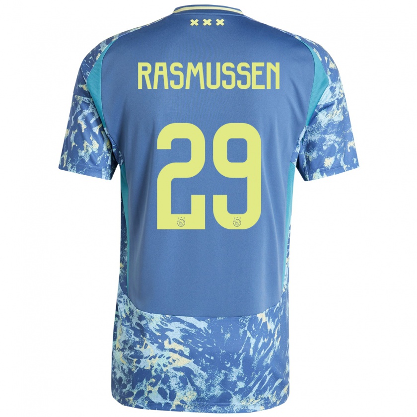 Kandiny Bambino Maglia Christian Rasmussen #29 Grigio Blu Giallo Kit Gara Away 2024/25 Maglietta