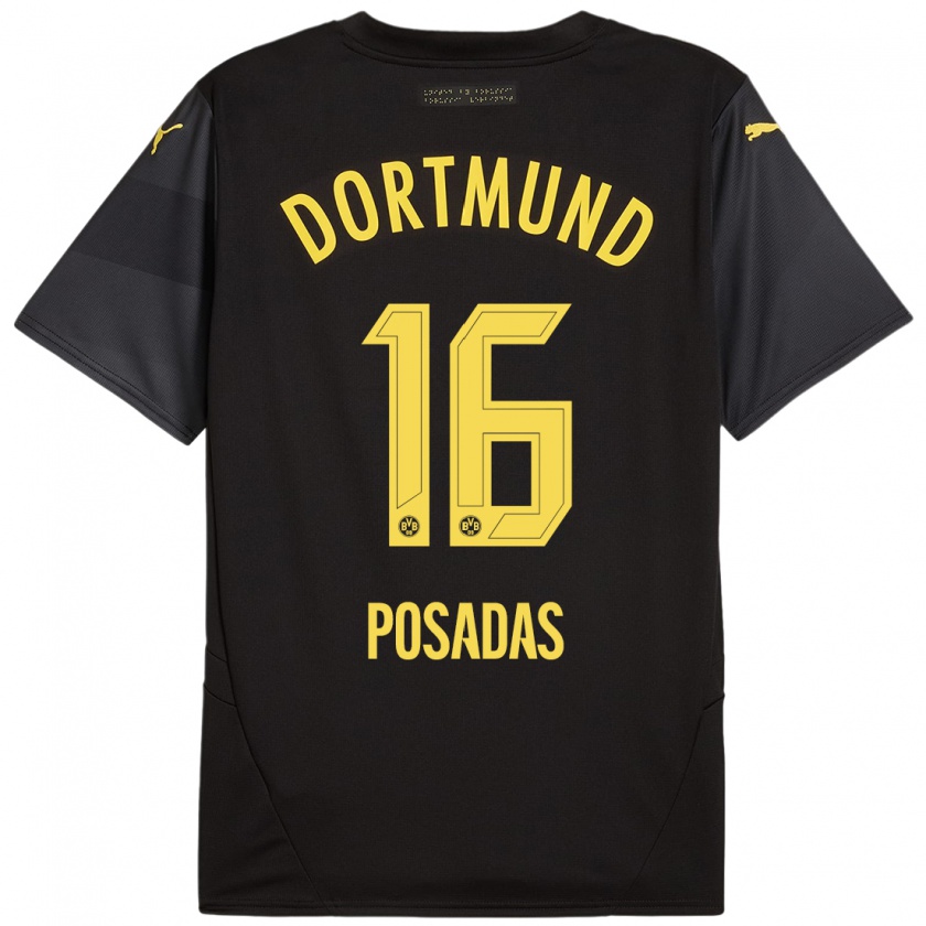 Kandiny Bambino Maglia Leonardo Posadas #16 Nero Giallo Kit Gara Away 2024/25 Maglietta