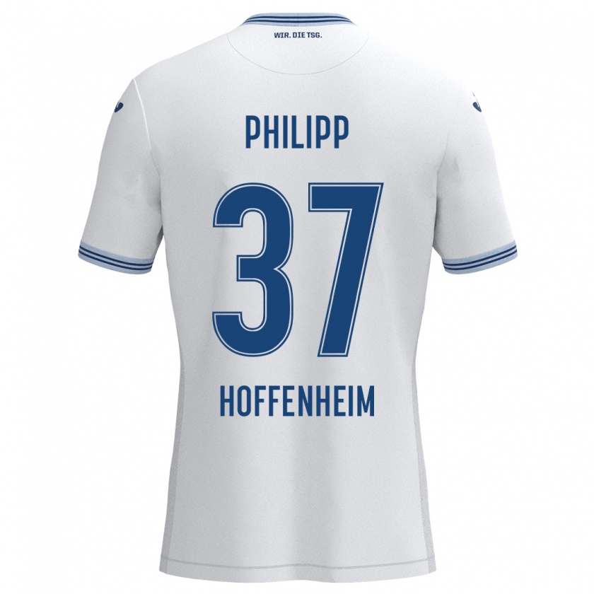 Kandiny Bambino Maglia Luca Philipp #37 Bianco Blu Kit Gara Away 2024/25 Maglietta