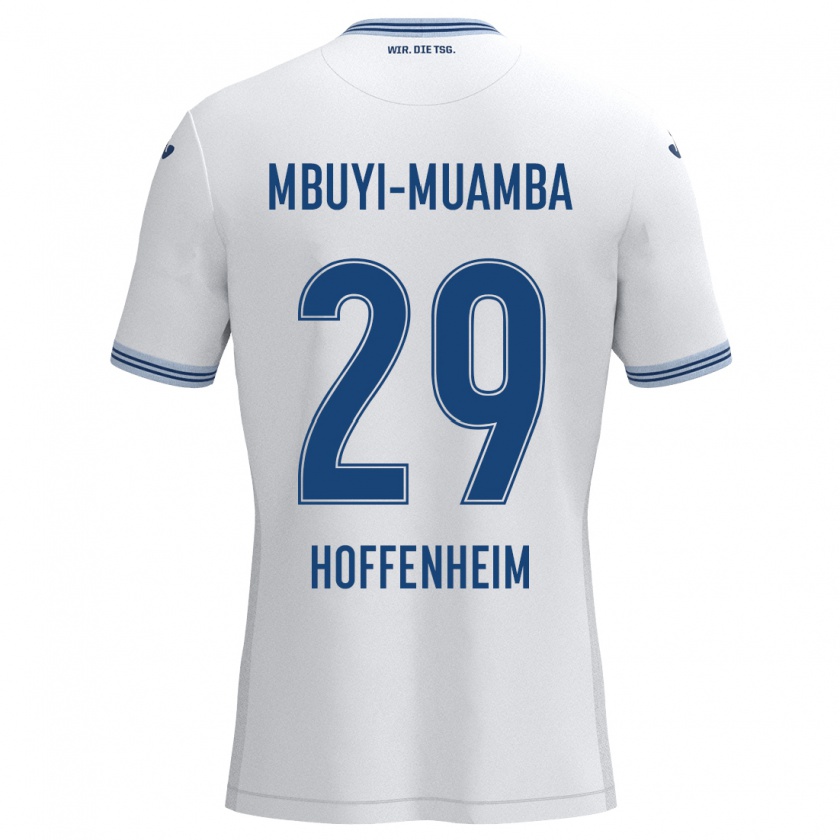 Kandiny Bambino Maglia Hubert Mbuyi-Muamba #29 Bianco Blu Kit Gara Away 2024/25 Maglietta