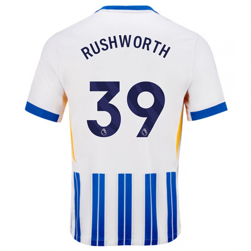 Kandiny Mujer Camiseta Carl Rushworth #39 Blanco Azul Rayas 1ª Equipación 2024/25 La Camisa