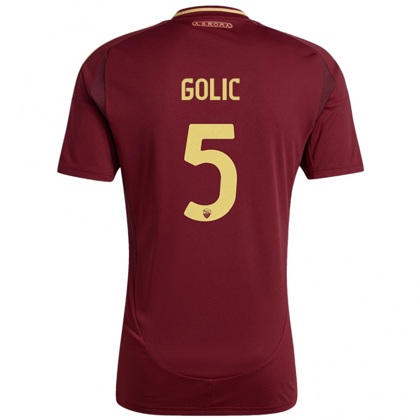 Kandiny Bambino Maglia Lovro Golic #5 Rosso Marrone Oro Kit Gara Home 2024/25 Maglietta