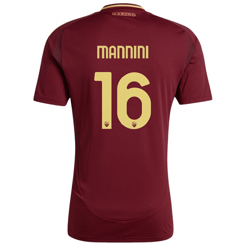 Kandiny Niño Camiseta Mattia Mannini #16 Rojo Marrón Dorado 1ª Equipación 2024/25 La Camisa