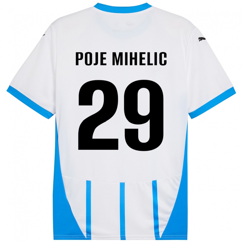 Kandiny Niño Camiseta Naja Poje Mihelič #29 Blanco Azul 2ª Equipación 2024/25 La Camisa