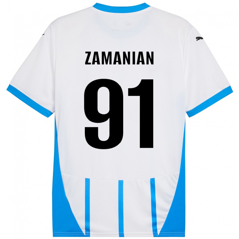 Kandiny Bambino Maglia Annahita Zamanian #91 Bianco Blu Kit Gara Away 2024/25 Maglietta