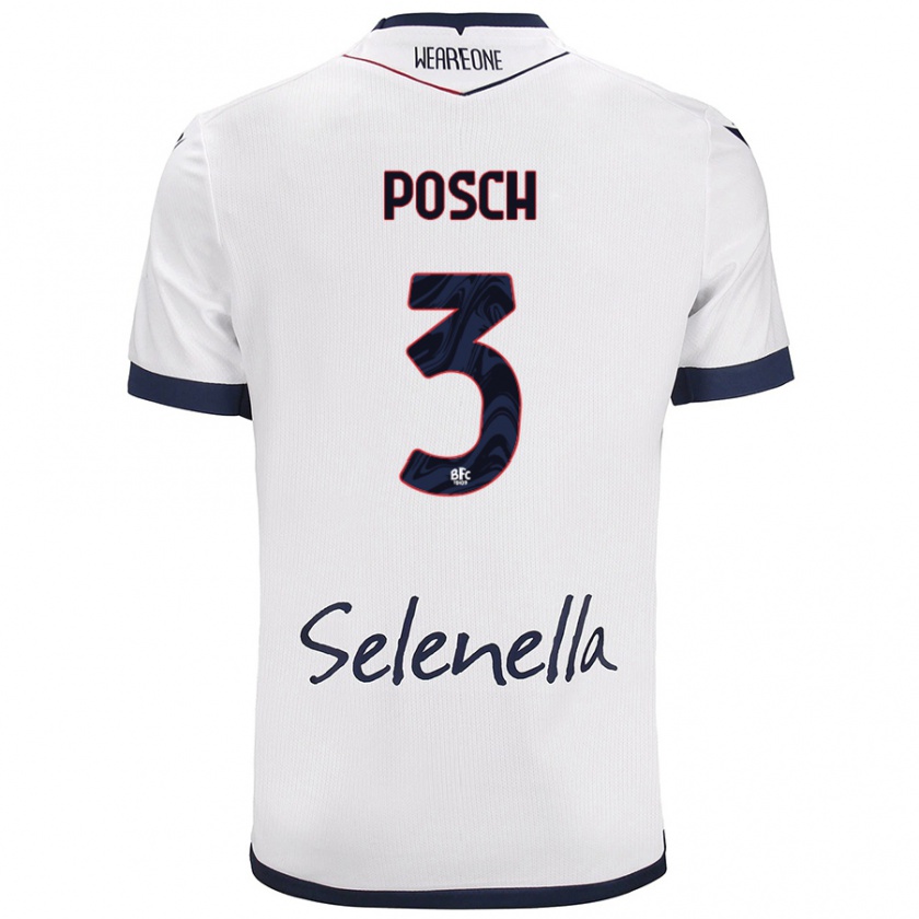 Kandiny Bambino Maglia Stefan Posch #3 Bianco Blu Reale Kit Gara Away 2024/25 Maglietta