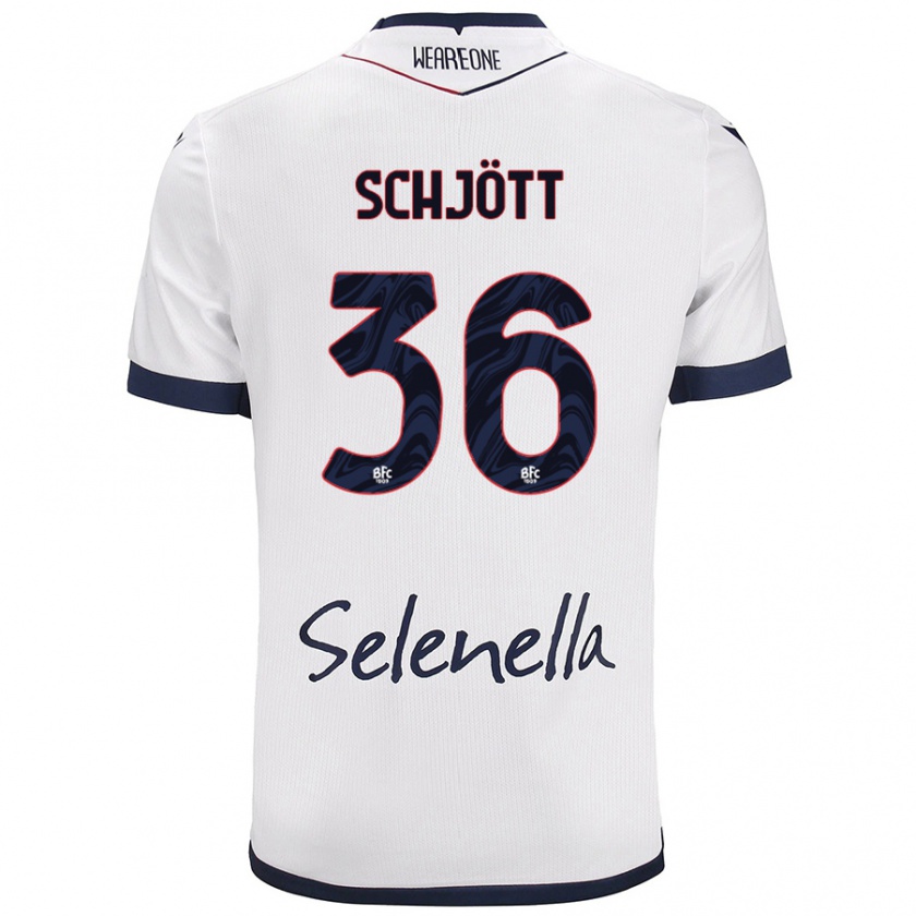 Kandiny Bambino Maglia Gustav Schjött #36 Bianco Blu Reale Kit Gara Away 2024/25 Maglietta