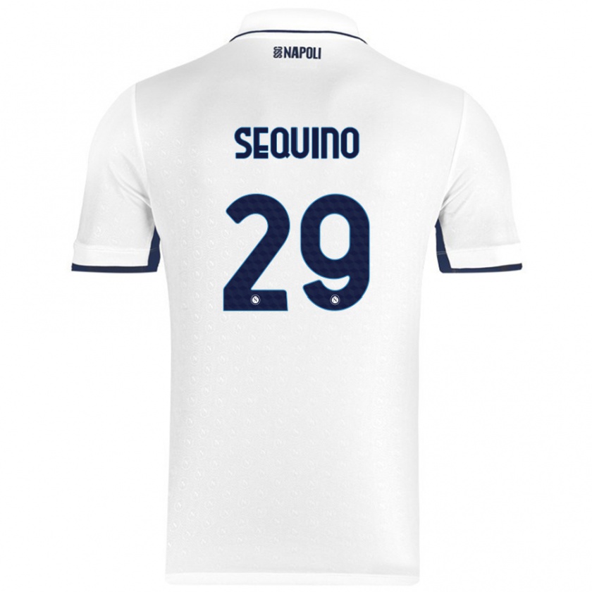 Kandiny Bambino Maglia Giovanni Sequino #29 Bianco Blu Reale Kit Gara Away 2024/25 Maglietta