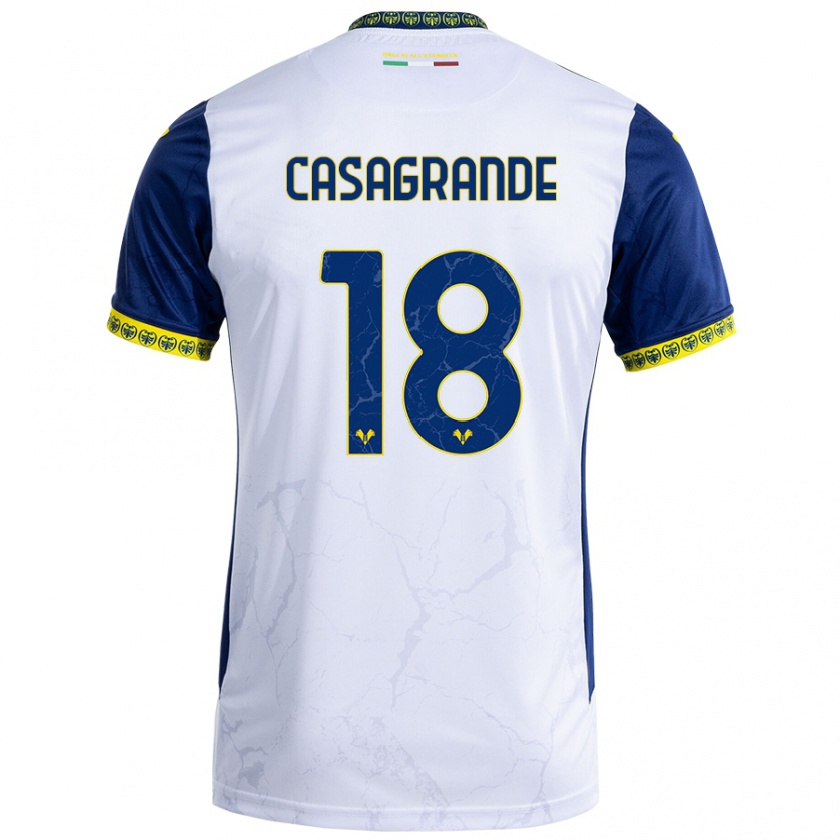 Kandiny Bambino Maglia Davide Casagrande #18 Bianco Blu Kit Gara Away 2024/25 Maglietta