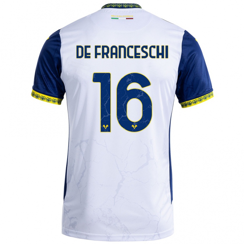 Kandiny Bambino Maglia Edoardo De Franceschi #16 Bianco Blu Kit Gara Away 2024/25 Maglietta