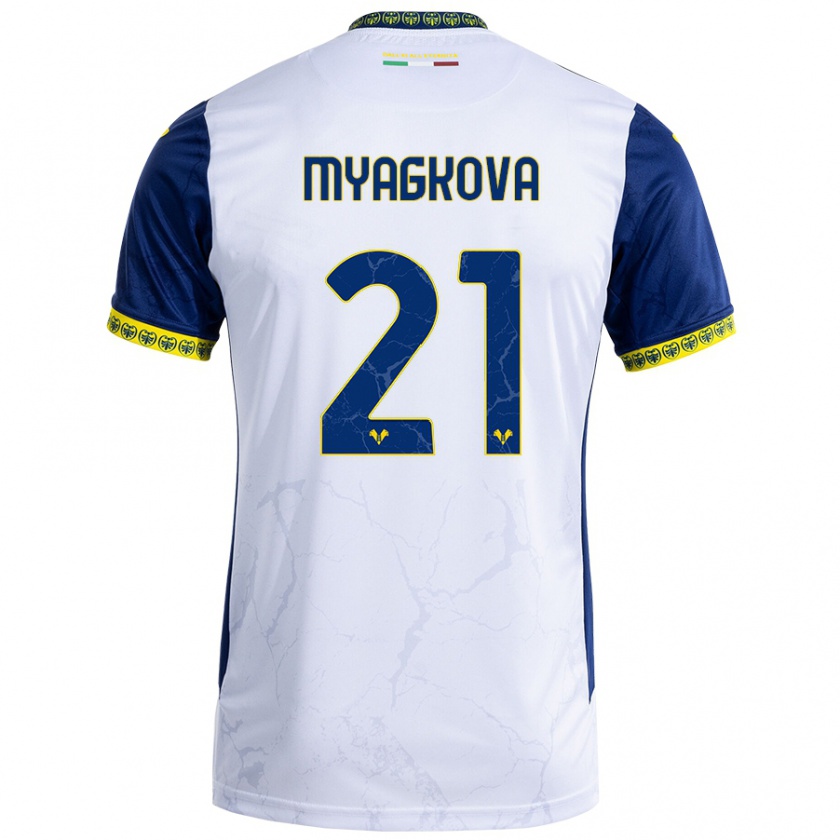 Kandiny Bambino Maglia Alina Myagkova #21 Bianco Blu Kit Gara Away 2024/25 Maglietta