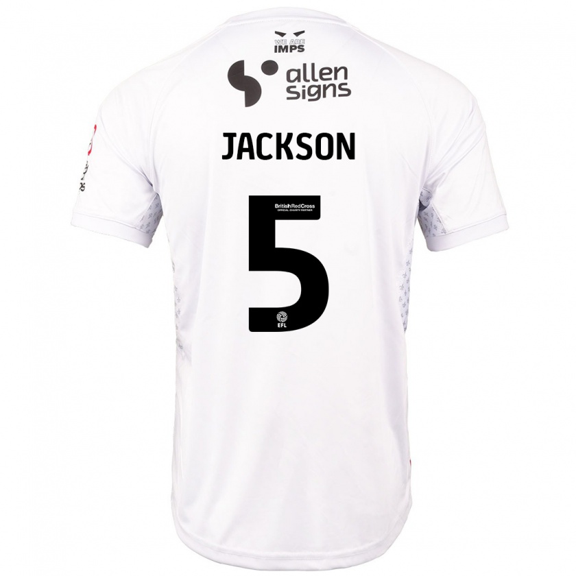 Kandiny Bambino Maglia Adam Jackson #5 Rosso Bianco Kit Gara Away 2024/25 Maglietta