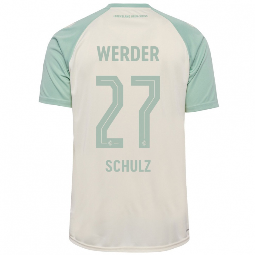 Kandiny Bambino Maglia Ole Schulz #27 Bianco Sporco Verde Chiaro Kit Gara Away 2024/25 Maglietta