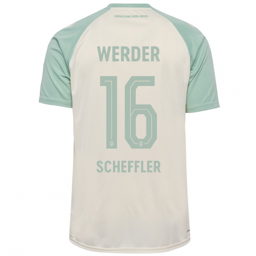 Kandiny Bambino Maglia Ian Scheffler #16 Bianco Sporco Verde Chiaro Kit Gara Away 2024/25 Maglietta