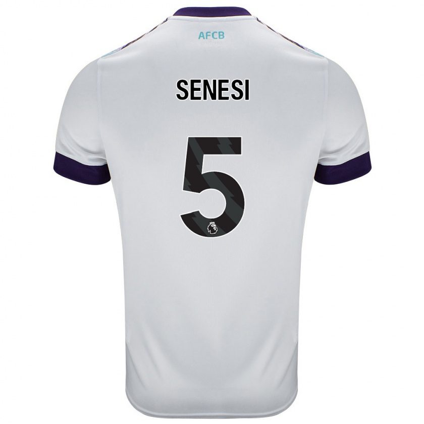 Kandiny Bambino Maglia Marcos Senesi #5 Bianco Verde Viola Kit Gara Away 2024/25 Maglietta