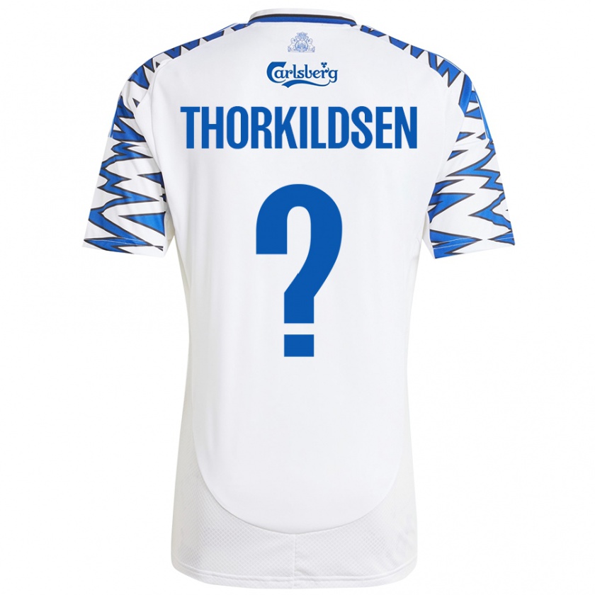 Kandiny Bambino Maglia Elias Thorkildsen #0 Bianco Azzurro Kit Gara Home 2024/25 Maglietta