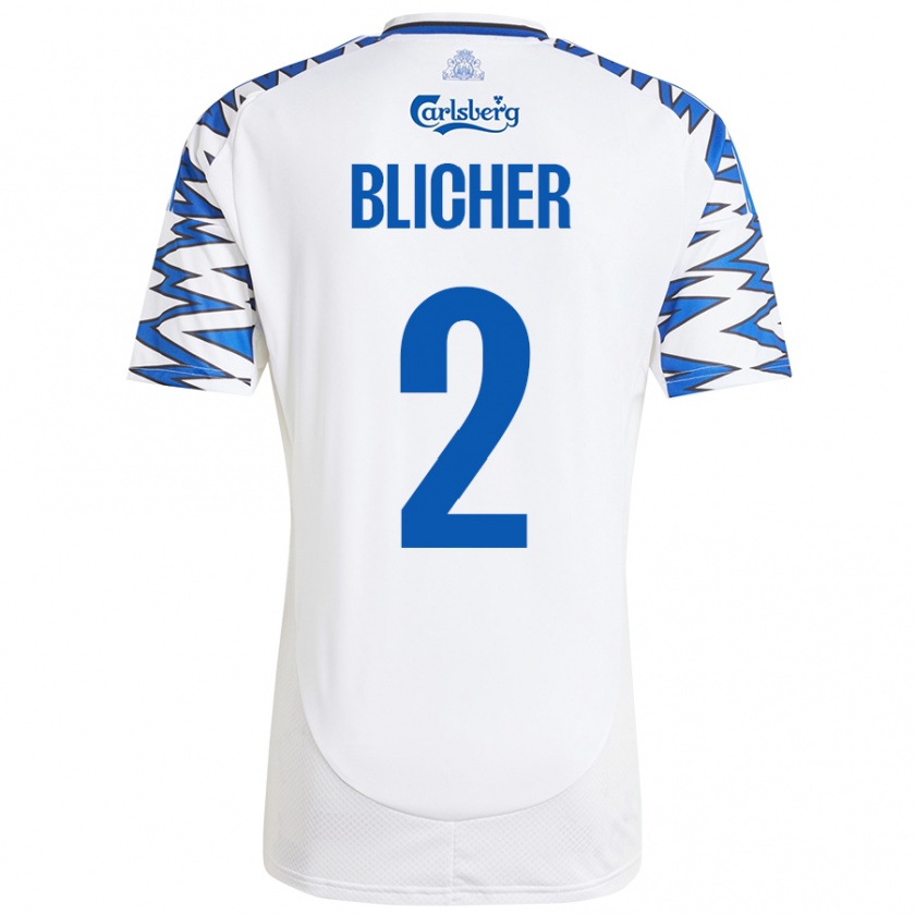 Kandiny Niño Camiseta Nicolai Blicher #2 Blanco Azul Cielo 1ª Equipación 2024/25 La Camisa