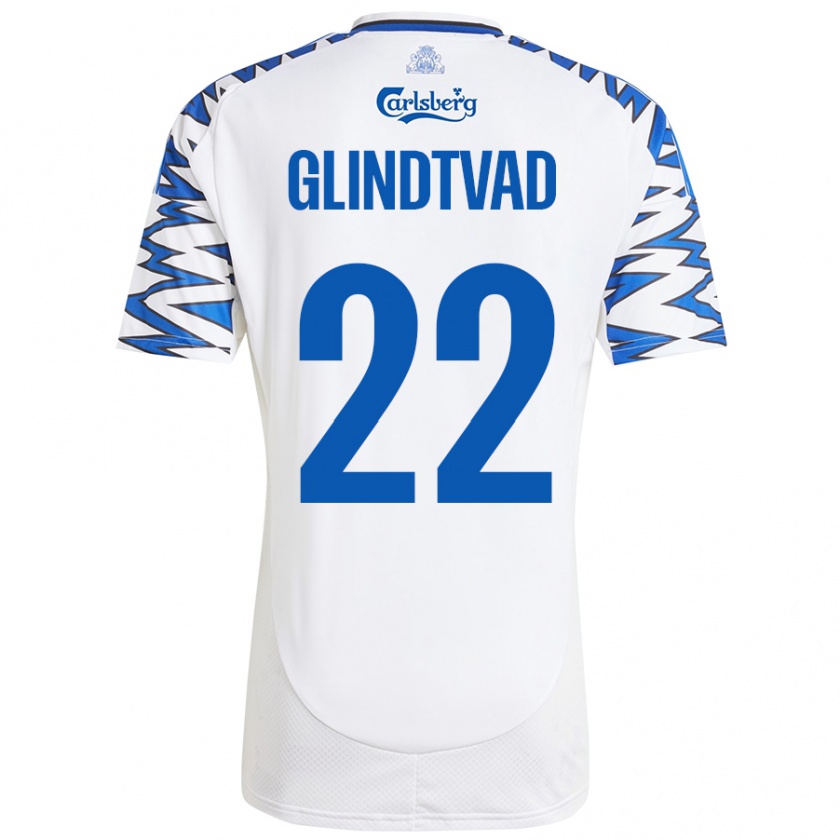 Kandiny Niño Camiseta William Glindtvad #22 Blanco Azul Cielo 1ª Equipación 2024/25 La Camisa