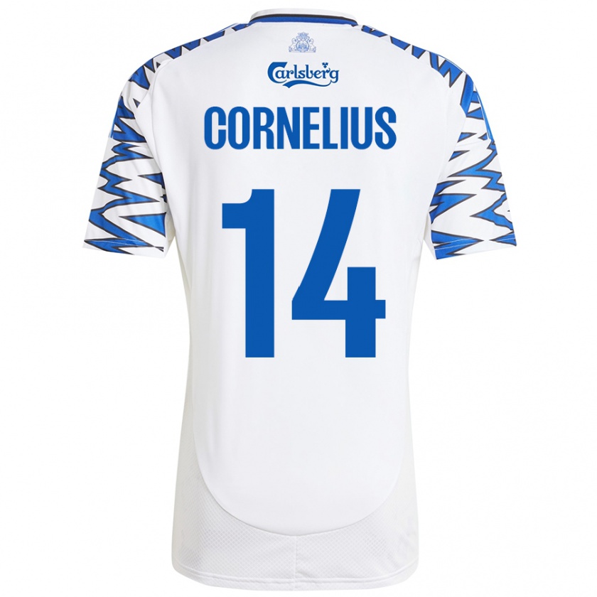 Kandiny Hombre Camiseta Andreas Cornelius #14 Blanco Azul Cielo 1ª Equipación 2024/25 La Camisa