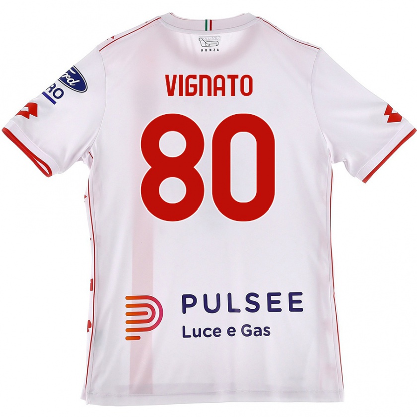 Kandiny Donna Maglia Samuele Vignato #80 Bianco Rosso Kit Gara Away 2024/25 Maglietta