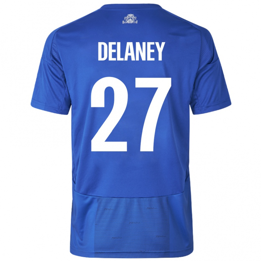 Kandiny Mulher Camisola Thomas Delaney #27 Azul Branco Alternativa 2024/25 Camisa Brasil