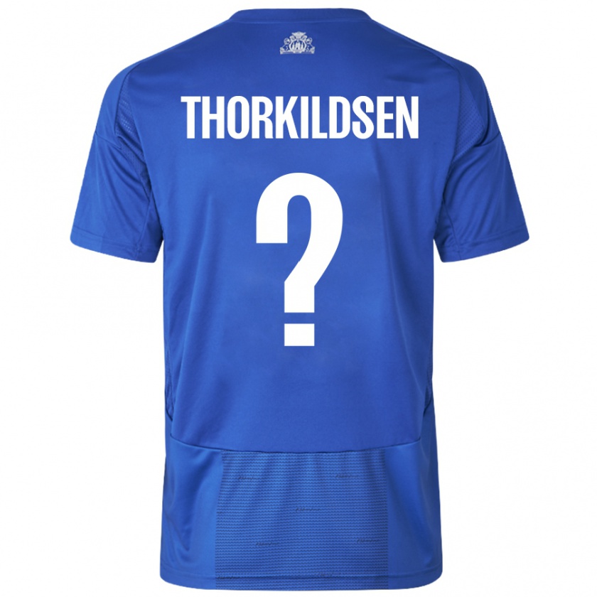 Kandiny Donna Maglia Elias Thorkildsen #0 Bianco Blu Kit Gara Away 2024/25 Maglietta