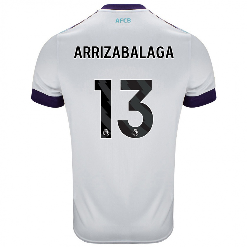 Kandiny Bambino Maglia Kepa Arrizabalaga #13 Bianco Verde Viola Kit Gara Away 2024/25 Maglietta