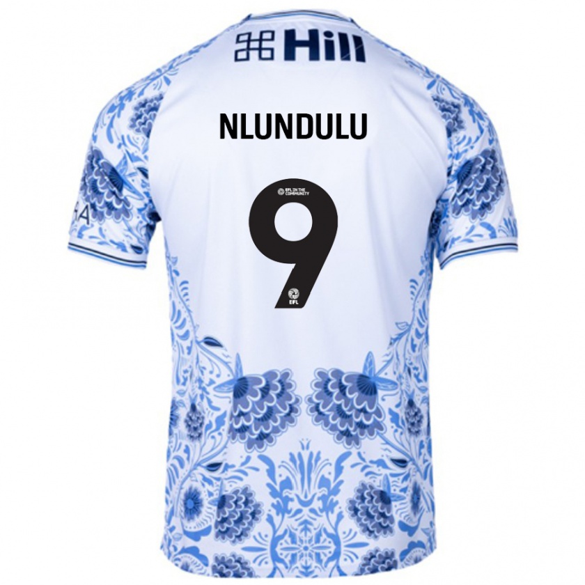 Kandiny Bambino Maglia Dan Nlundulu #9 Bianco Blu Kit Gara Away 2024/25 Maglietta