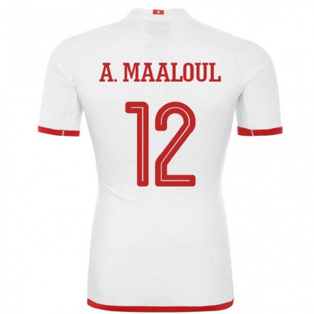 Kandiny Bambino Maglia Tunisia Ali Maaloul #12 Bianco Kit Gara Away 22-24 Maglietta