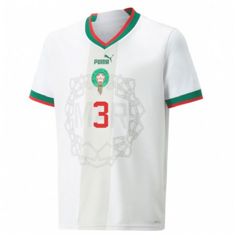 Kandiny Uomo Maglia Marocco Noussair El Mazraoui #3 Bianco Kit Gara Away 22-24 Maglietta