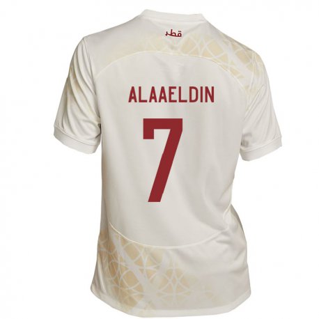 Kandiny Uomo Maglia Qatar Ahmed Alaaeldin #7 Beige Oro Kit Gara Away 22-24 Maglietta