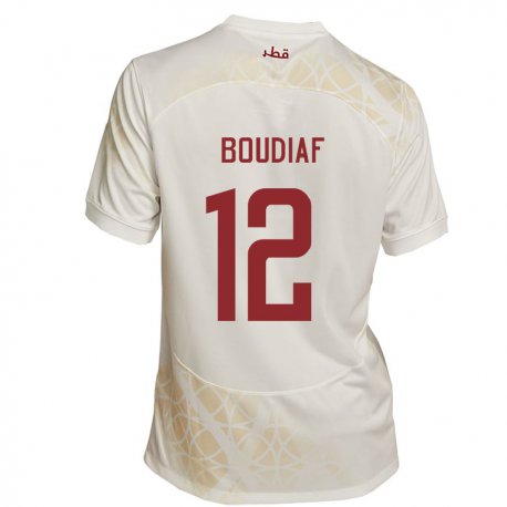 Kandiny Uomo Maglia Qatar Karim Boudiaf #12 Beige Oro Kit Gara Away 22-24 Maglietta