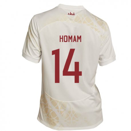 Kandiny Uomo Maglia Qatar Homam Ahmed #14 Beige Oro Kit Gara Away 22-24 Maglietta