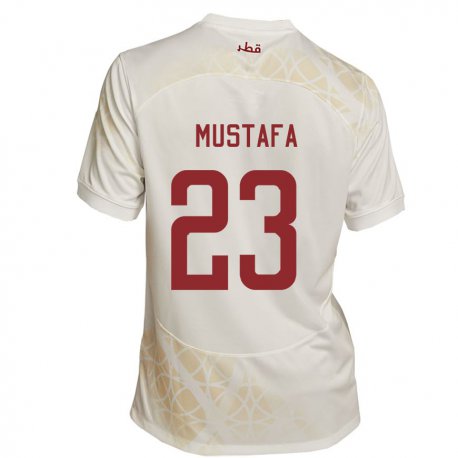 Kandiny Uomo Maglia Qatar Mustafa Mashaal #23 Beige Oro Kit Gara Away 22-24 Maglietta