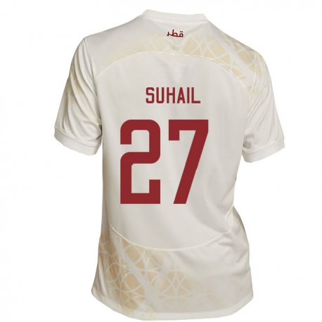 Kandiny Uomo Maglia Qatar Ahmed Suhail #27 Beige Oro Kit Gara Away 22-24 Maglietta