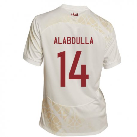 Kandiny Uomo Maglia Qatar Moudhi Alabdulla #14 Beige Oro Kit Gara Away 22-24 Maglietta