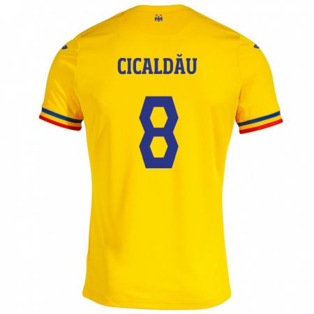 Kandiny Bambino Maglia Romania Alexandru Cicâldău #8 Giallo Kit Gara Home 24-26 Maglietta