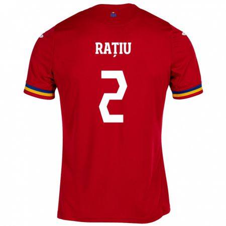 Kandiny Bambino Maglia Romania Andrei Rațiu #2 Rosso Kit Gara Away 24-26 Maglietta