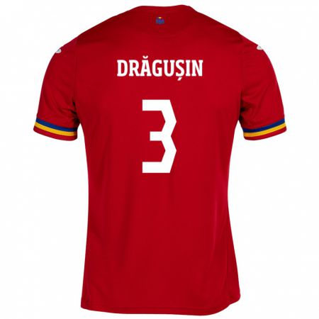 Kandiny Bambino Maglia Romania Radu Drăgușin #3 Rosso Kit Gara Away 24-26 Maglietta