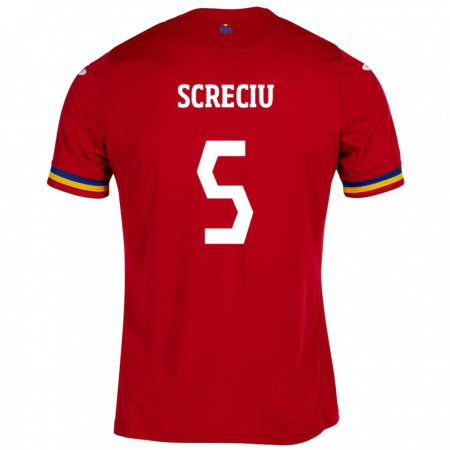 Kandiny Bambino Maglia Romania Vladimir Screciu #5 Rosso Kit Gara Away 24-26 Maglietta