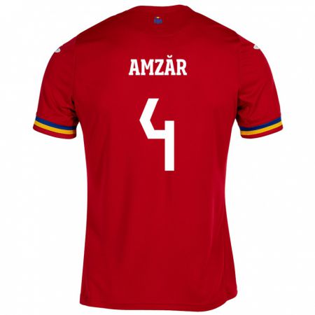 Kandiny Bambino Maglia Romania Costin Amzăr #4 Rosso Kit Gara Away 24-26 Maglietta