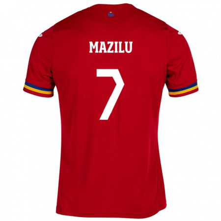 Kandiny Bambino Maglia Romania Adrian Mazilu #7 Rosso Kit Gara Away 24-26 Maglietta