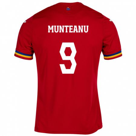 Kandiny Bambino Maglia Romania Louis Munteanu #9 Rosso Kit Gara Away 24-26 Maglietta