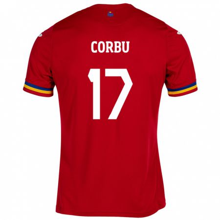 Kandiny Bambino Maglia Romania Marius Corbu #17 Rosso Kit Gara Away 24-26 Maglietta