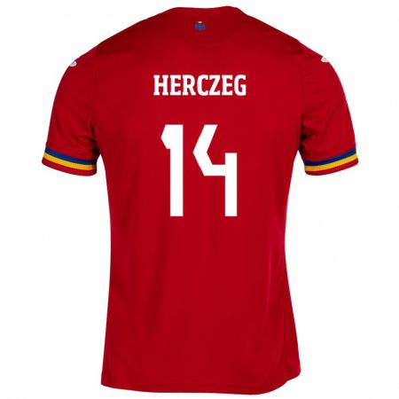 Kandiny Bambino Maglia Romania Andrea Herczeg #14 Rosso Kit Gara Away 24-26 Maglietta