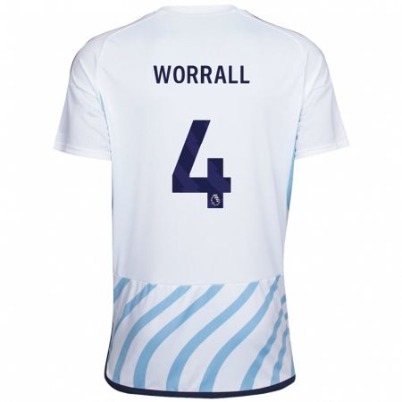 Kandiny Bambino Maglia Joe Worrall #4 Bianco Blu Kit Gara Away 2023/24 Maglietta