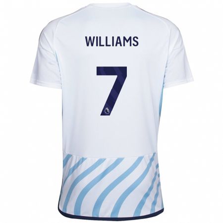 Kandiny Bambino Maglia Neco Williams #7 Bianco Blu Kit Gara Away 2023/24 Maglietta