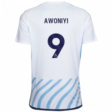 Kandiny Bambino Maglia Taiwo Awoniyi #9 Bianco Blu Kit Gara Away 2023/24 Maglietta