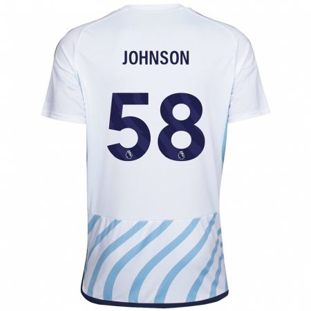 Kandiny Bambino Maglia Pharrell Johnson #58 Bianco Blu Kit Gara Away 2023/24 Maglietta